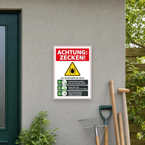 KI-generiertes Anwendungsbeispiel: Achtung Zecken! Sicherheitstipps Aufkleber im Hochformat mit Warnsymbol und klaren Hinweisen am Eingang eines Grünbereichs.