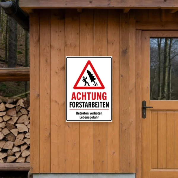 KI-generiertes Anwendungsbeispiel: Achtung Forstarbeiten Aufkleber im Hochformat an einer abgesperrten Waldzufahrt mit Betreten verboten-Hinweis.