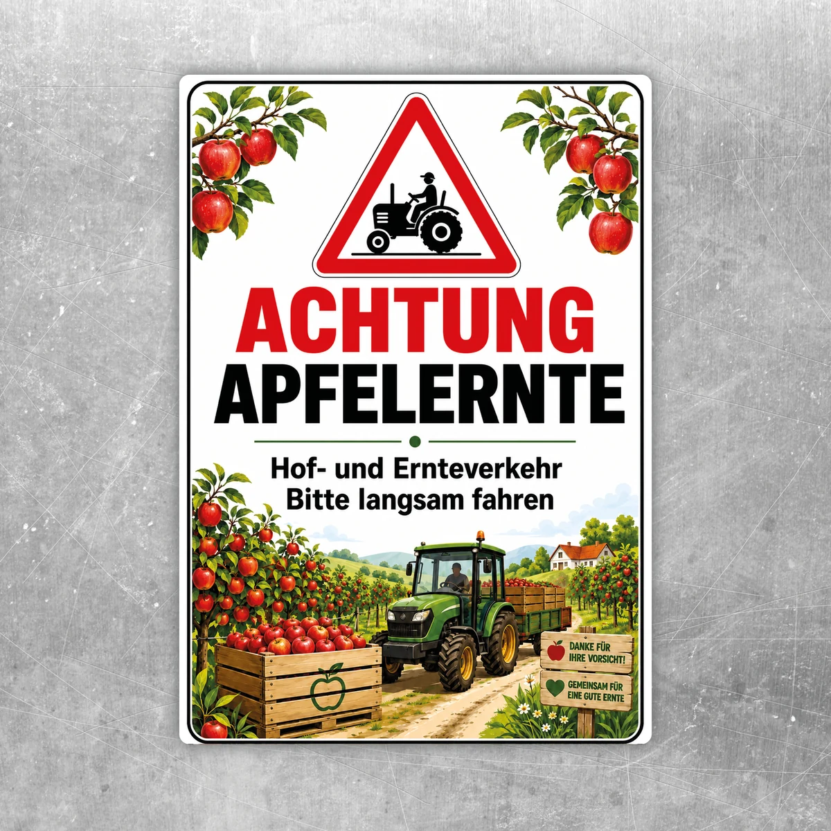 Achtung Apfelernte Aufkleber mit Warndreieck, Traktor und Apfelmotiv für Hof- und Ernteverkehr im Obstbau.
