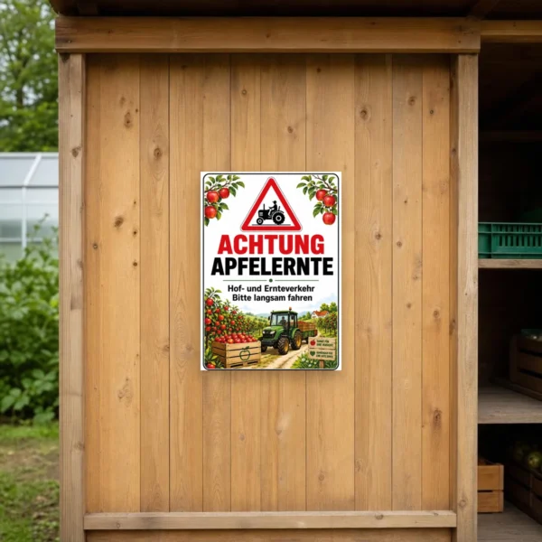 KI-generiertes Anwendungsbeispiel: Achtung Apfelernte Schild an der Hofeinfahrt mit Traktorwarnsymbol und Hinweis auf langsames Fahren.