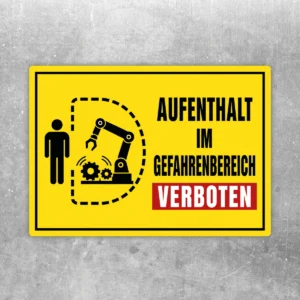 Gelber Aufenthalt im Gefahrenbereich verboten Aufkleber mit roter Verbotsfläche und schwarzem Maschinenmotiv.