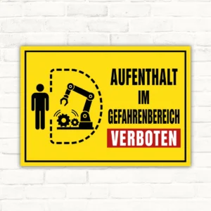 Aufenthalt im Gefahrenbereich verboten Schild mit gelbem Warnmotiv, Maschine und rotem Verbotsfeld in Querformat.