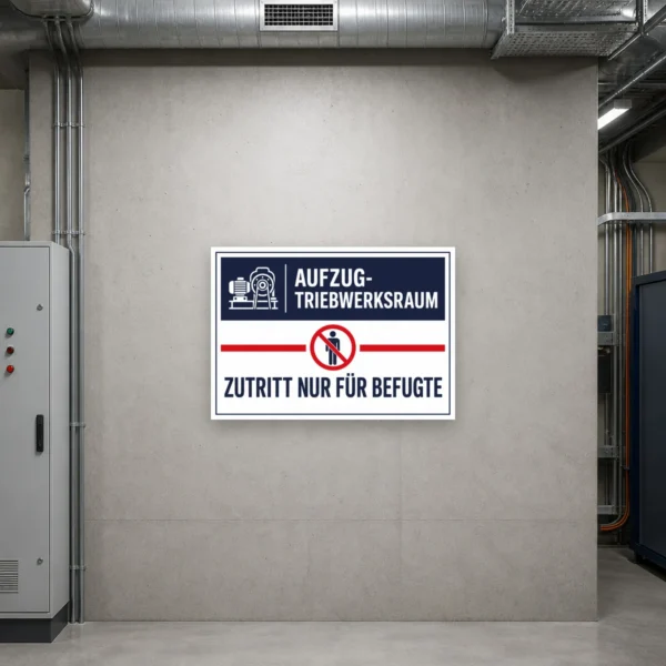 KI-generiertes Anwendungsbeispiel: Aufzug-Triebwerksraum-Schild mit „Zutritt nur für Befugte“ an einer Technikraumtür.