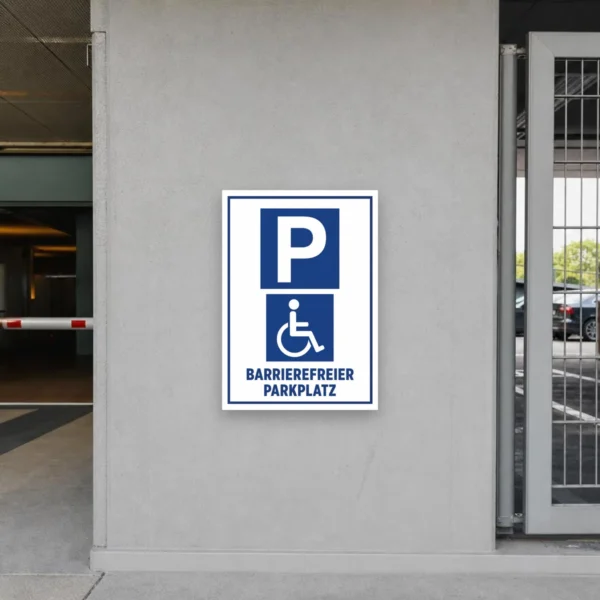 KI-Anwendungsbeispiel: Barrierefreier Parkplatz Schild als blau-weißes Parkplatzschild mit P-Symbol, Rollstuhlsymbol und der Aufschrift „BARRIEREFREIER PARKPLATZ“.