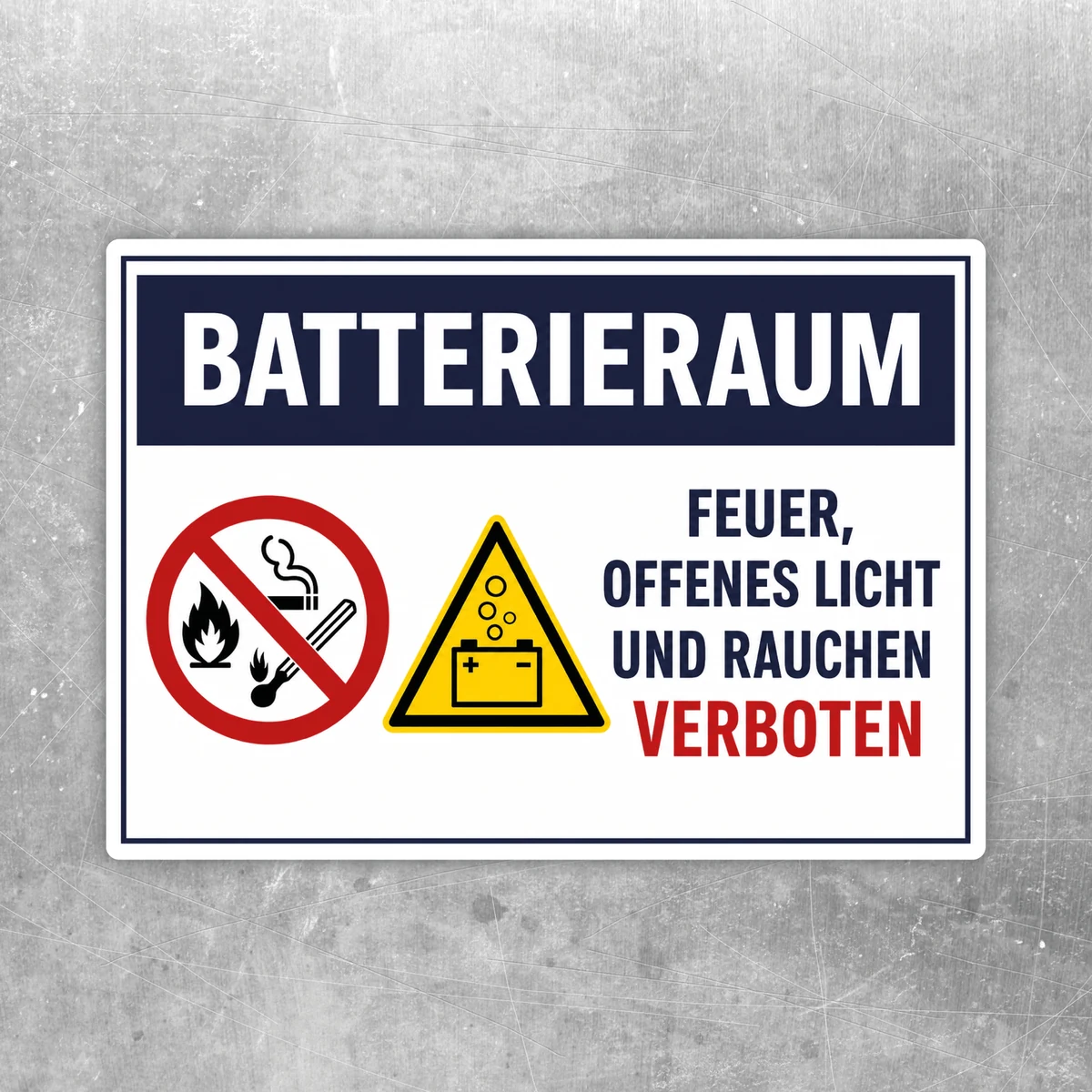 Batterieraum Feuer, offenes Licht und Rauchen verboten Aufkleber mit Verbotssymbol und Warn-Dreieck in Blau, Rot und Gelb.