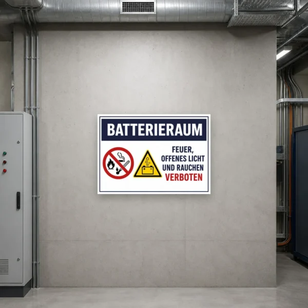 KI-generiertes Anwendungsbeispiel: Aufkleber „Batterieraum Feuer, offenes Licht und Rauchen verboten“ an einer Technikraumtür in gut sichtbar platziert.