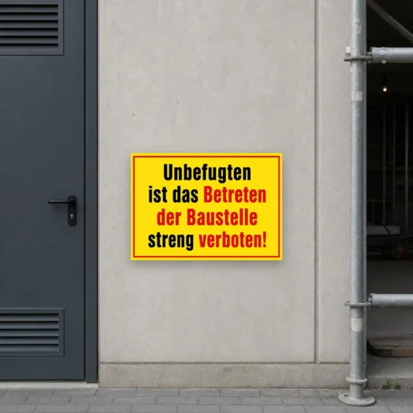 KI-generiertes Anwendungsbeispiel: Gelber Verbotsaufkleber mit rotem Rahmen an einem Baustellentor, gut sichtbar für Unbefugte.