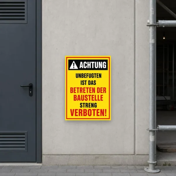 KI-generiertes Anwendungsbeispiel: Baustelle – Betreten für Unbefugte verboten Aufkleber auf einer Metalltür am gesperrten Zugang.