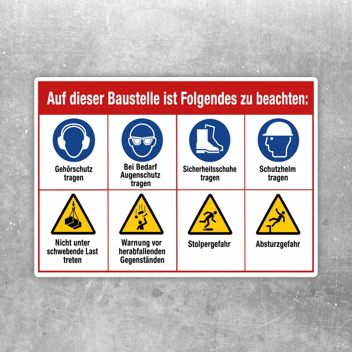 Baustellenschild Sicherheitsregeln – Arbeitsschutz Aufkleber mit roten, blauen und gelben Piktogrammen im Querformat.