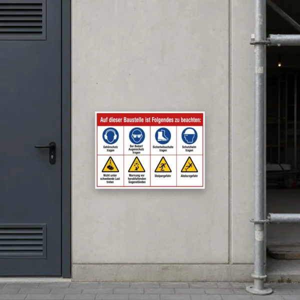 KI-generiertes Anwendungsbeispiel: Baustellenschild Sicherheitsregeln – Arbeitsschutz Aufkleber auf einer glatten Baucontainer-Tür im Querformat.