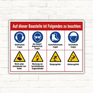 Baustellenschild mit Sicherheitsregeln, Piktogrammen und Warnhinweisen für Arbeitsschutz auf weißem Hintergrund.
