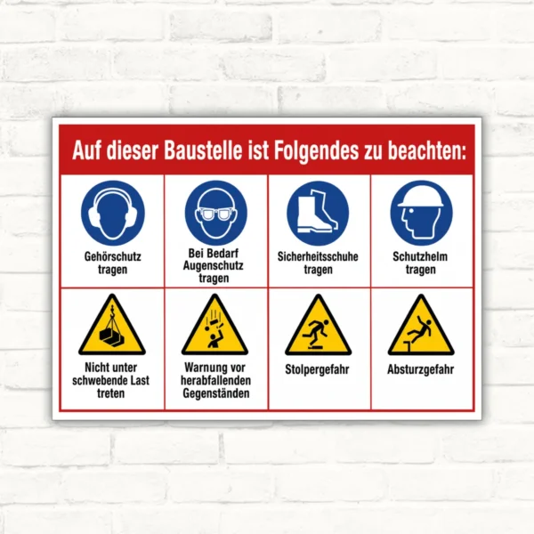Baustellenschild mit Sicherheitsregeln, Piktogrammen und Warnhinweisen für Arbeitsschutz auf weißem Hintergrund.