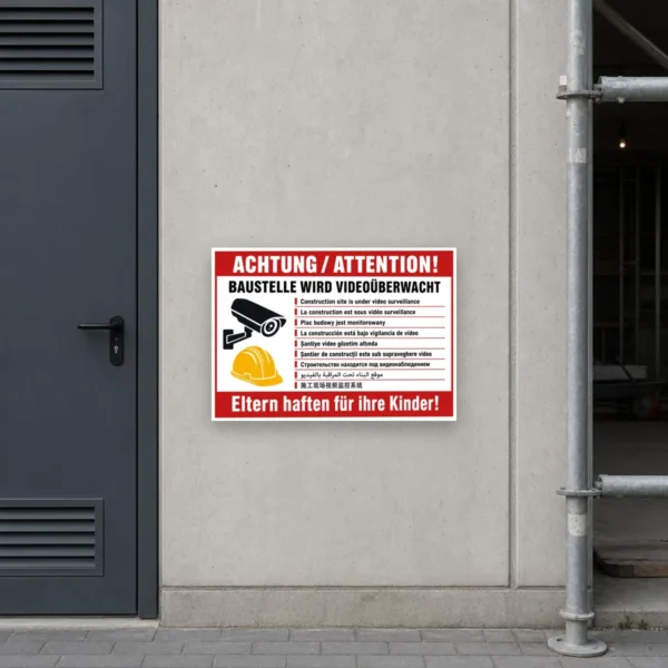 KI-generiertes Anwendungsbeispiel eines Baustellen Videoüberwachung Aufklebers mit rotem Warnrahmen, Kamera, Helm und Eltern-Hinweis.