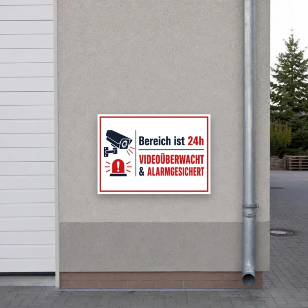 KI-generiertes Anwendungsbeispiel: Videoüberwachungsschild 24h Bereich ist alarmgesichert Aufkleber an einer Eingangstür.
