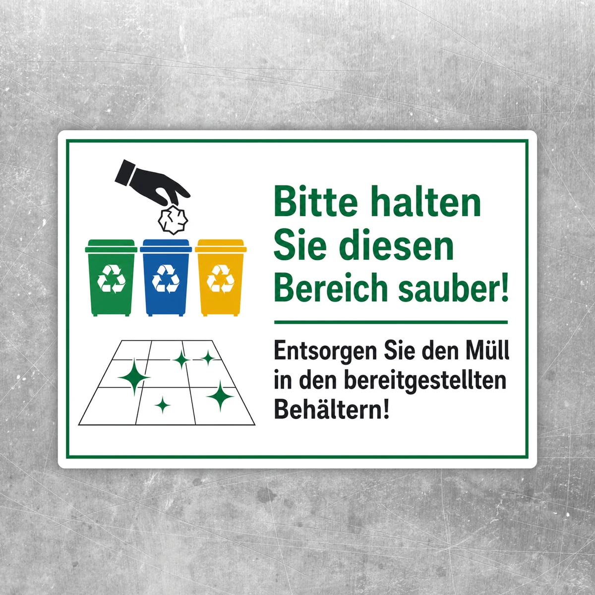 Bereich sauber halten Aufkleber mit Mülltrennungssymbolen und Entsorgungshinweis in Grün, Blau, Gelb und Schwarz.