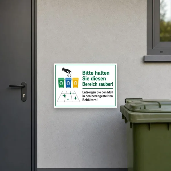 KI-generiertes Anwendungsbeispiel eines Bereich sauber halten Aufklebers mit Müll- und Sauberkeitshinweis am Innenbereich, farbig gestaltet.