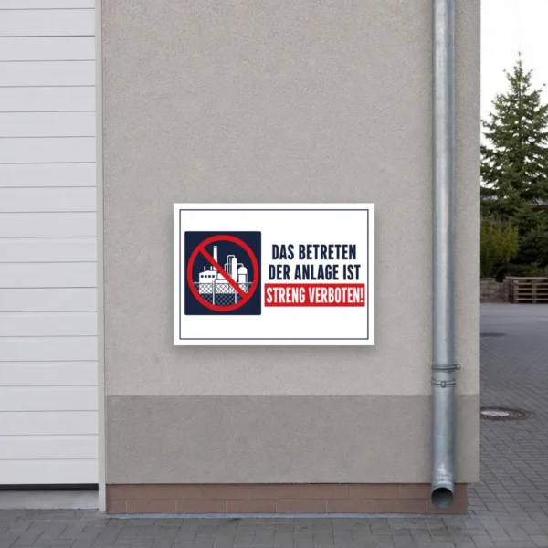 KI-generiertes Anwendungsbeispiel: Betreten der Anlage verboten Aufkleber an einem Zugangstor mit rotem Verbotsring und klarer Warnbotschaft.