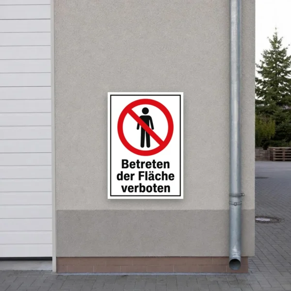KI-generiertes Anwendungsbeispiel: Betreten der Fläche verboten Aufkleber an einem Zugang mit rotem Verbotssymbol und klarem Text.