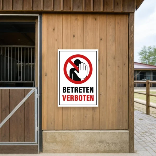 KI-generiertes Anwendungsbeispiel: Betreten verboten Aufkleber an einer grauen Tür mit klar sichtbarem Verbotssymbol und Text.