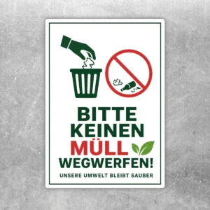 Hochformatiger Bitte keinen Müll wegwerfen Aufkleber mit grüner Hand, rotem Verbotssymbol und Umweltmotiv auf weißem Hintergrund.