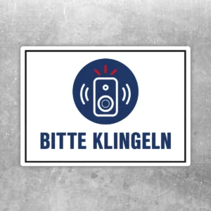 Querformatiger Bitte klingeln Aufkleber mit blauem Klingel-Symbol und großem Text für den Eingang.