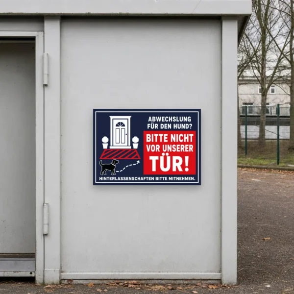 KI-generiertes Anwendungsbeispiel: Hundeschild Aufkleber an einer Haustür mit deutlichem Hinweis, Hinterlassenschaften mitzunehmen.