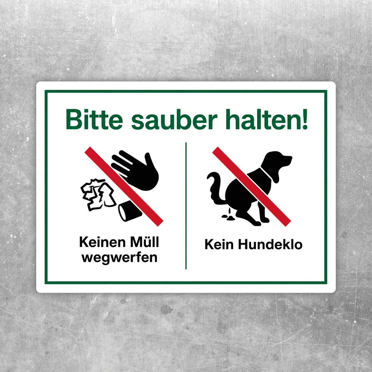 Querformat-Aufkleber mit „Bitte sauber halten!“ sowie Symbolen gegen Müll und Hundeklo in Grün, Rot, Schwarz und Weiß.
