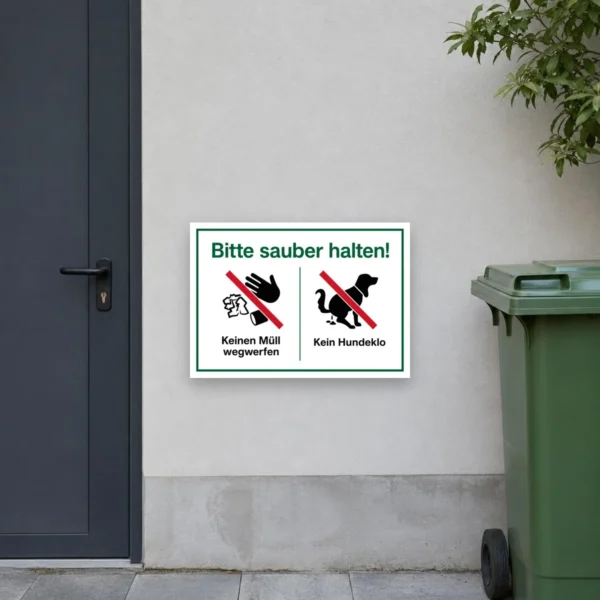 KI-generiertes Anwendungsbeispiel: Querformat-Aufkleber „Bitte sauber halten“ mit Verbotssymbolen gegen Müll und Hundeklo am Zaun.