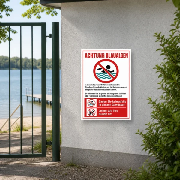 KI-generiertes Anwendungsbeispiel: Blaualgen Warnschild Aufkleber an einem Uferzugang mit Badeverbot und Hunde-anleinen-Hinweis.