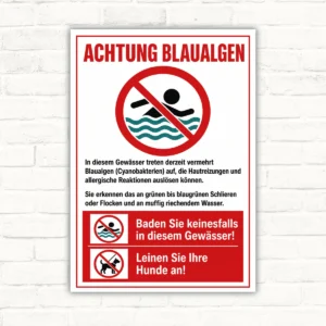 Blaualgen Warnschild mit Badeverbot und Hunde anleinen, rotes Hinweisschild für Gewässer mit Warnsymbolen.