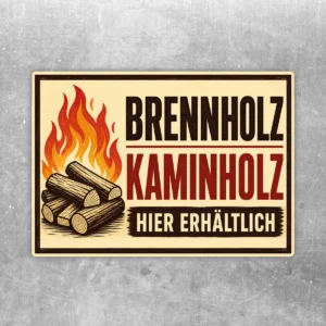 Brennholz Kaminholz hier erhältlich Aufkleber mit Flammenmotiv und Holzstapel in Beige, Braun, Rot und Schwarz.