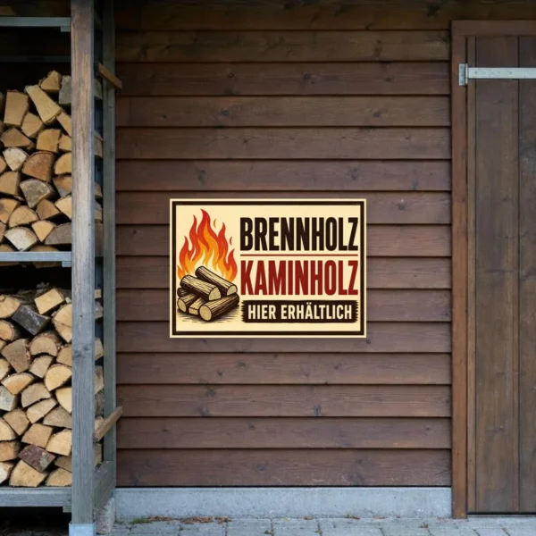 KI-generiertes Anwendungsbeispiel: Brennholz Kaminholz hier erhältlich Aufkleber auf glatter Verkaufsfläche mit Flammenmotiv und Holzstapel.