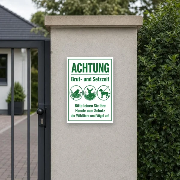KI-generiertes Anwendungsbeispiel: Hundeschild mit „Achtung Brut- und Setzzeit“ als Hinweis am Feldweg, damit Hunde angeleint bleiben.