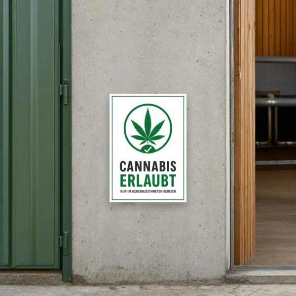 KI-generiertes Anwendungsbeispiel: Cannabis erlaubt Schild mit Blattmotiv und dem Hinweis „nur im gekennzeichneten Bereich“ an einem Zugang.