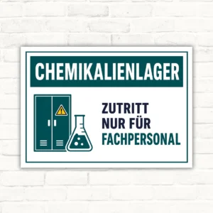 Chemikalienlager-Schild mit der Aufschrift „Zutritt nur für Fachpersonal“, weiß-türkisem Motiv und Labor-Symbolen.