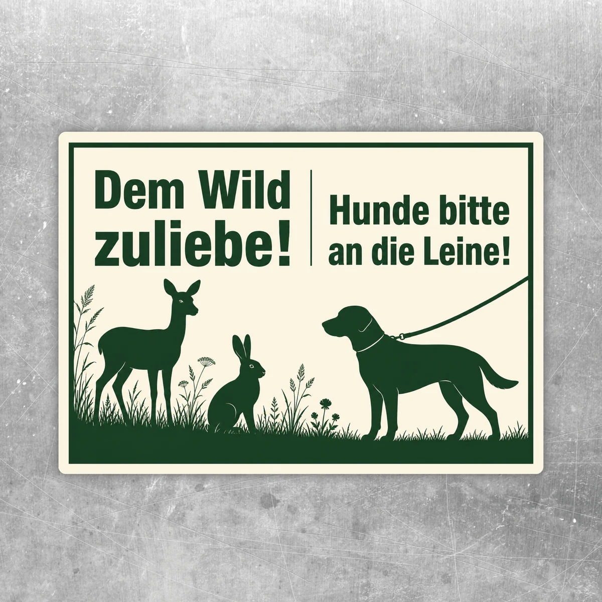 Querformatiger Hundeschild Aufkleber in Dunkelgrün und Beige mit Wildtiermotiv und dem Hinweis „Dem Wild zuliebe! Hunde bitte an die Leine!“.
