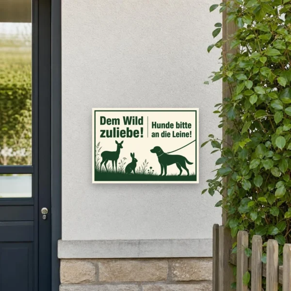 KI-generiertes Anwendungsbeispiel: Querformatiger Hundeschild Aufkleber in Dunkelgrün und Beige mit Wildmotiv und Leinenhinweis am Waldweg.