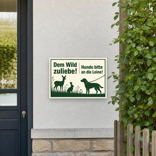 KI-generiertes Anwendungsbeispiel: Hundeschild mit „Dem Wild zuliebe – Hunde bitte an die Leine!“ an einem Waldweg mit Wildschutz-Hinweis.