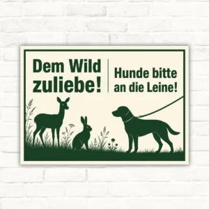 Hundeschild mit dem Text „Dem Wild zuliebe – Hunde bitte an die Leine!“ und Reh-, Hase- sowie Hundesilhouette.