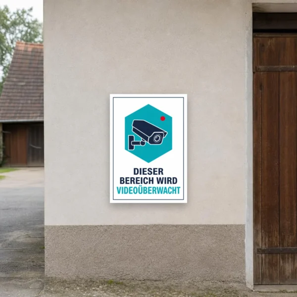 KI-generiertes Anwendungsbeispiel: Videoüberwachungsschild mit Kamera und dem Text „Dieser Bereich wird videoüberwacht“ als Hochformat-Schild an einem Eingang.