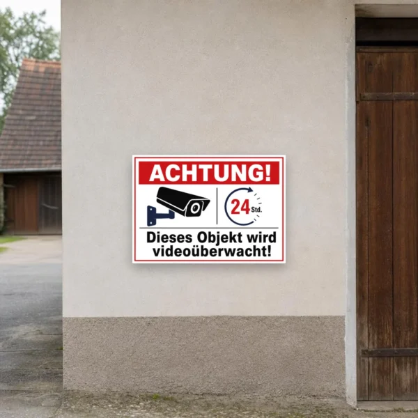 KI-generiertes Anwendungsbeispiel: Videoüberwachungsschild mit „ACHTUNG!“ und 24 Std.-Hinweis für Eingang, Tor oder Hof.