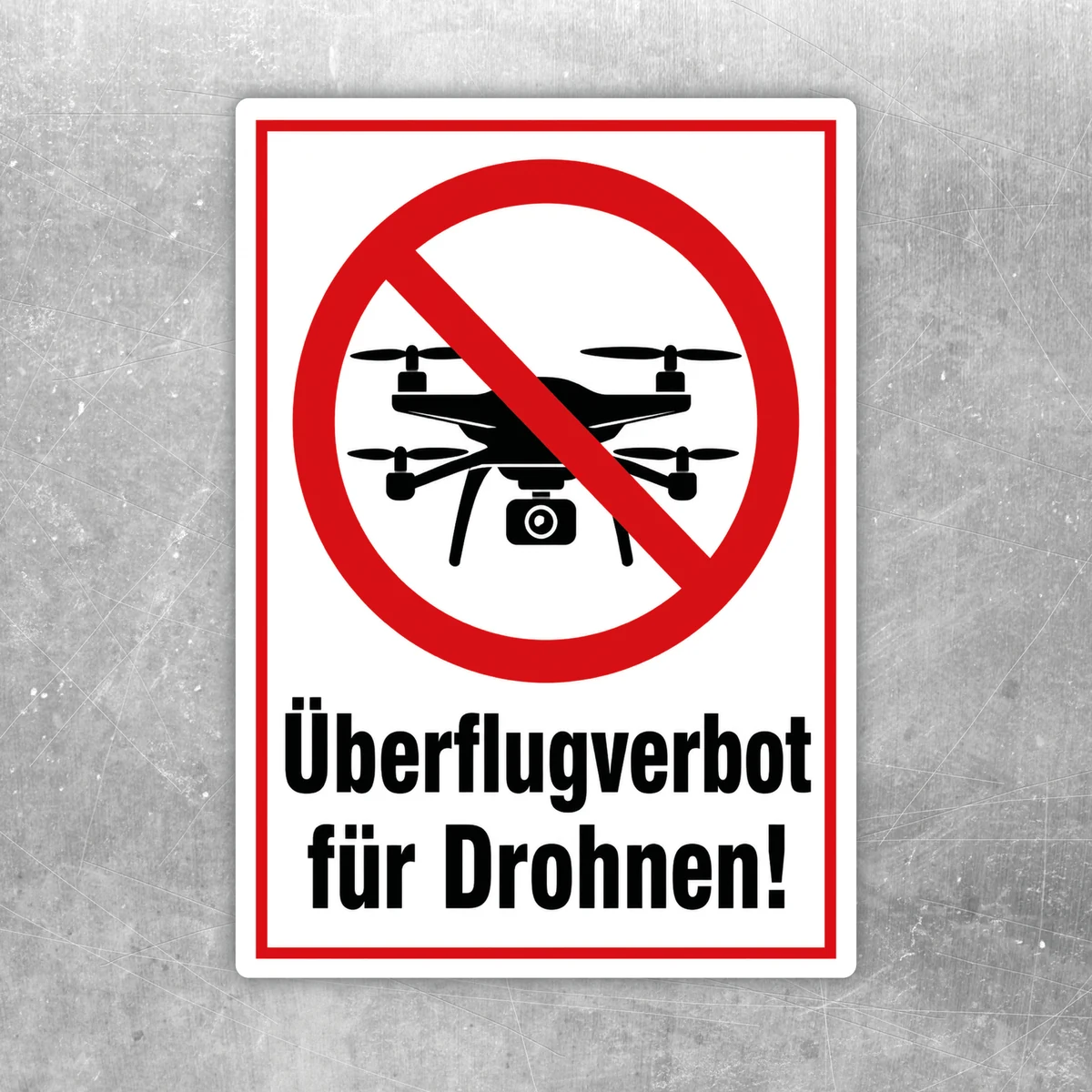 Überflugverbot für Drohnen Aufkleber mit rotem Verbotszeichen und schwarzer Drohne auf weißem Hintergrund.