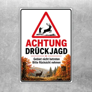 Achtung Drückjagd Aufkleber mit Warnsymbol und Waldmotiv für Revierzugänge und Forstflächen