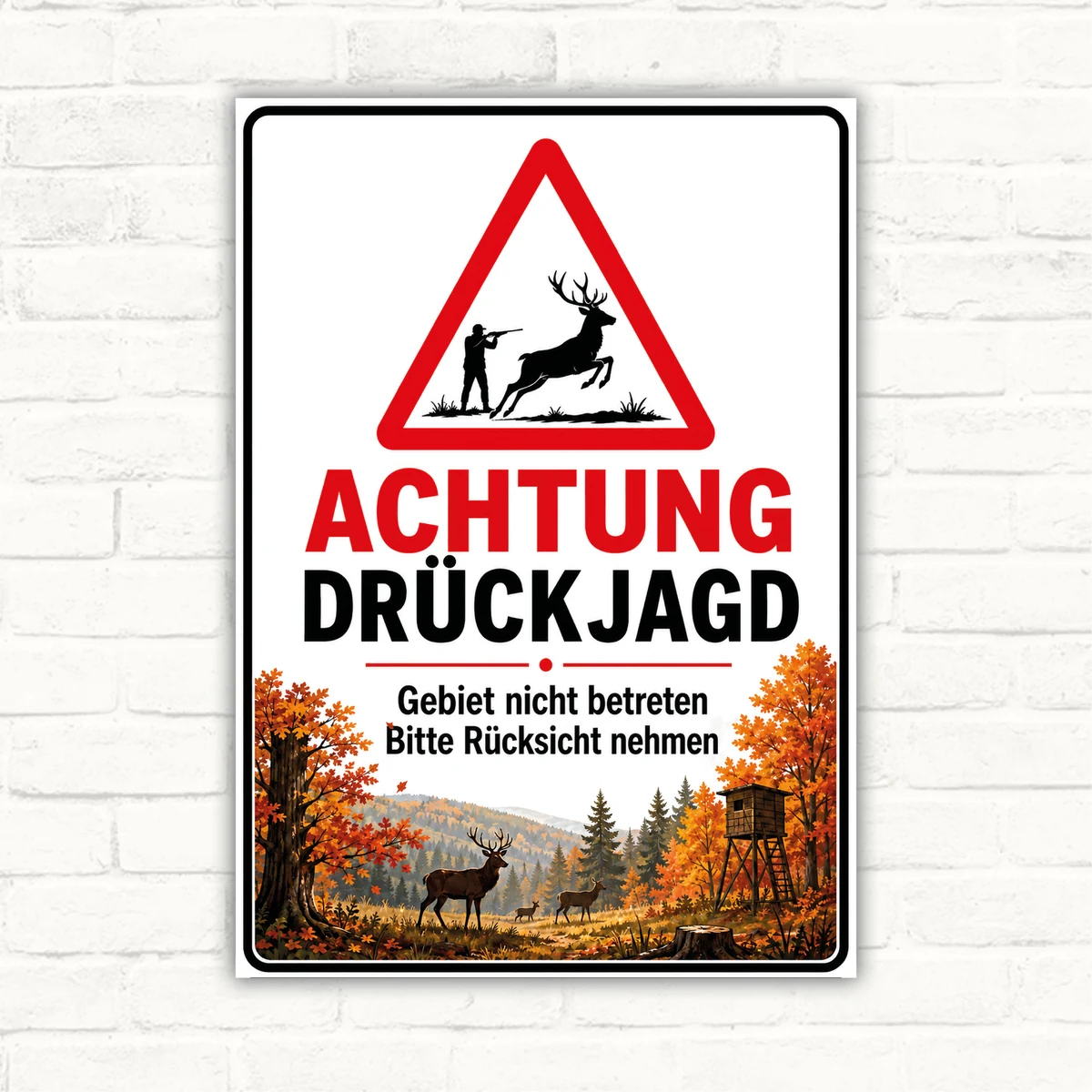 Achtung Drückjagd Schild mit Jäger und Wild, Text „Gebiet nicht betreten Bitte Rücksicht nehmen“, bedrucktes Hinweisschild.