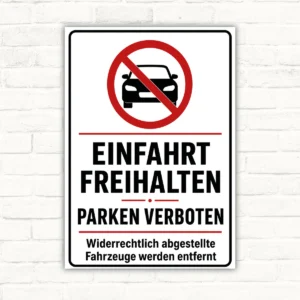 Einfahrt freihalten Schild mit rotem Verbotssymbol, Auto und dem Text „Parken verboten“ als bedrucktes Hinweisschild.