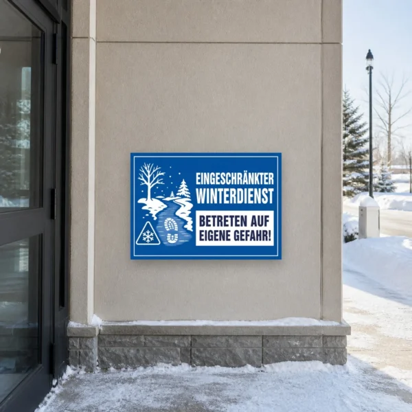 KI-generiertes Anwendungsbeispiel: Eingeschränkter Winterdienst Aufkleber mit Wintermotiv und Warnhinweis auf blauer Fläche.