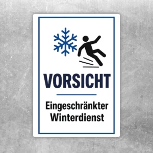 Warnaufkleber eingeschränkter Winterdienst mit Schneeflocke und rutschender Person in Blau, Schwarz und Weiß