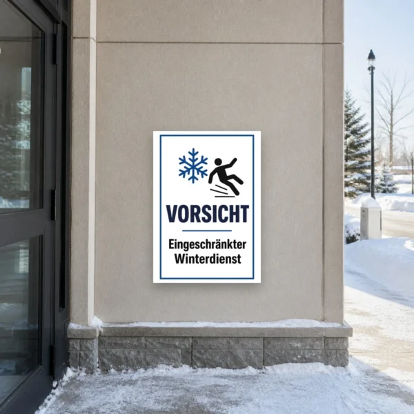 KI-generiertes Anwendungsbeispiel: Warnaufkleber eingeschränkter Winterdienst an einer Eingangstür mit gut sichtbarer Winterwarnung in Blau, Schwarz und Weiß