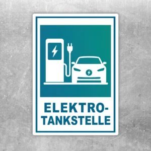Elektro-Tankstelle Aufkleber mit Ladesäule und E-Auto in Weiß, Türkis und Blau im Hochformat.