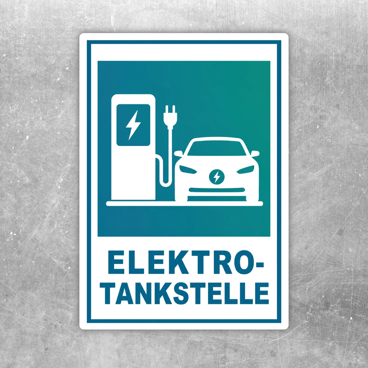 Elektro-Tankstelle Aufkleber mit Ladesäule und E-Auto in Weiß, Türkis und Blau im Hochformat.
